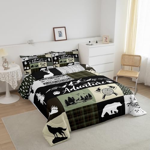 Castle Fairy Deer Antlers Full Size Comforter Set,Bear Pine Arrow Hunting Adventure Bedding Comforters Bedroom Collection,Camper Retro Green Plaid Checkered Bedding Set for Girls Teens