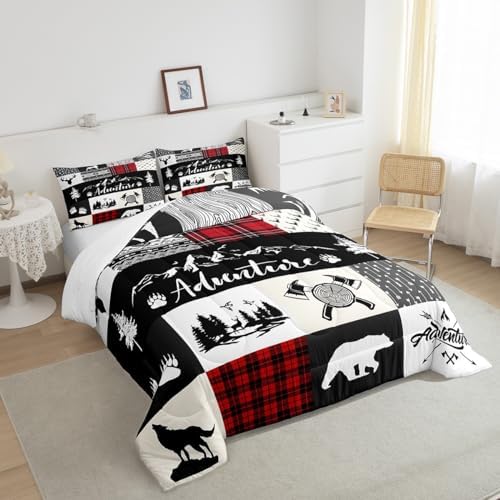 Castle Fairy Bear Deer Kids Comforter Set Twin Size,Hunt Arrow Adventure Wildlife Patchwork Bedding Set for Kids Boys Men,Red Check Boho Aztec Cabin Decor Quilted Duvet Set with 1 Pillowcase