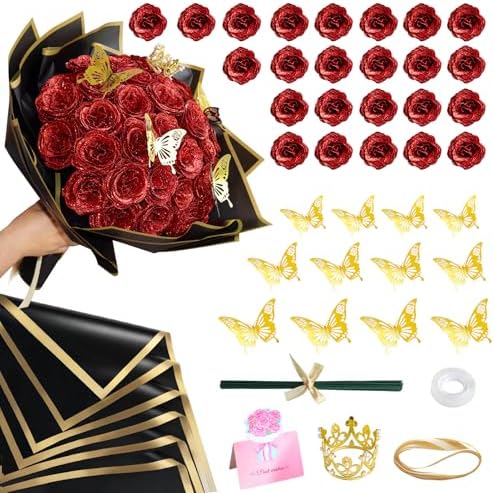 CCYXSHOW DIY Glitter Roses Bouquet Red - Artificial Rose Bouquet Kit Shiny Fake Eternal Floral Bouquets for Graduation Wedding Anniversary Birthday Gifts for Mother - 24 Pack