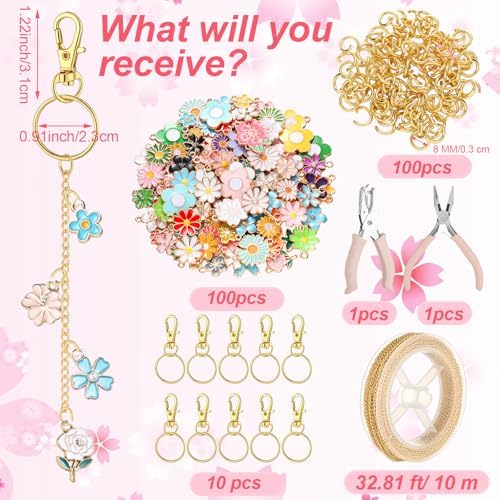 VioraWhite 213 Pcs Floral Keychain Making Kit Bag Charm Kit Lip Gloss Keychain 100 Pink Enamel Charms 32.81 ft Gold Chains for DIY Crafts Women