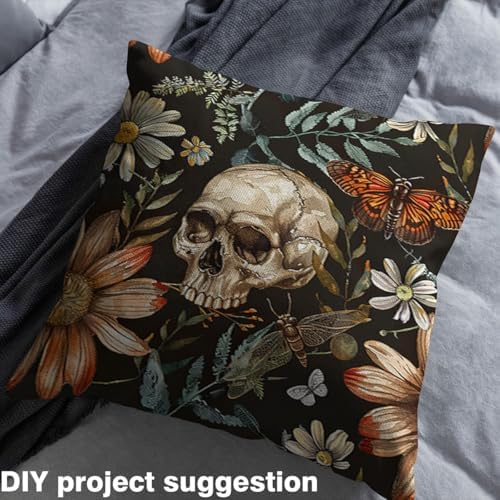 Feelyou Kids Sugar Skull Fabric By The Yard 10 Yards Gothic Skeleton Flroal Upholstery Fabric for Chairs Death Moth Decorative Soft Flannel Botanical Floral Leaf