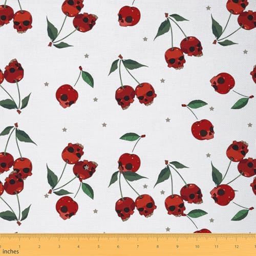 Feelyou Halloween Theme Soft Flannel Fabric by The Yard 10 Yards Kids Skull Pattern Upholstery Fabric for Boys Girls Pink Red Cherry-Shaped Skull Bones Print for Home DIY Projects, Indoor Decor