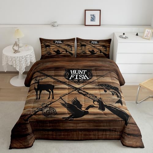 Retro Hunt Fish Bedding Comforters Queen Size,Retro Farm Wooden Board Comforter Set with 2 Pillowcases,Deer Bird Fish Animal Hunting 3pcs Children Adult Duvet Set,Soft