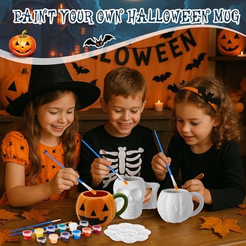 LOYIM Set of 4 Halloween Ceramic to Paint, Pumpkin Skeleton Painting Mug