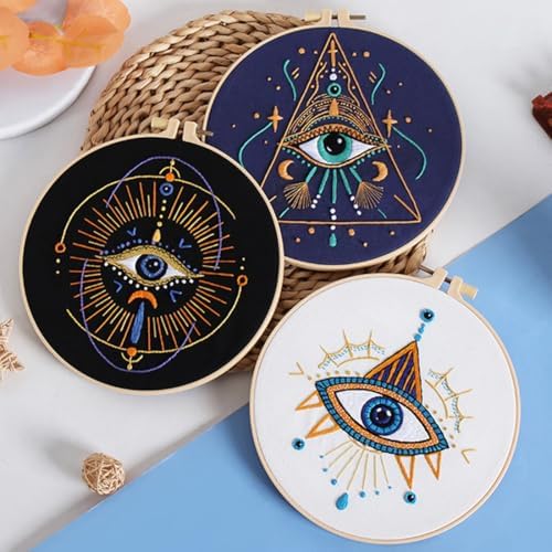 Qupace 3 Pcs Black Evil Eye Embroidery Kits for Beginners Adults,Stamped Cross Stitch Craft Set with 3 Embroidery Hoops & Finished Stands, Halloween Embroidery Wall Decoration