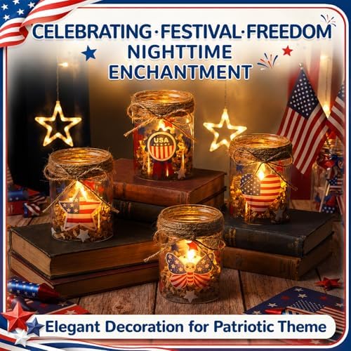 24 Sets 4th of July DIY Craft Kits Patriotic Plastic Mason Jar Making Craft Gifts Bulk American Flag Table Centerpieces 250th Independence Day Decoration for Anniversary Classroom Activities