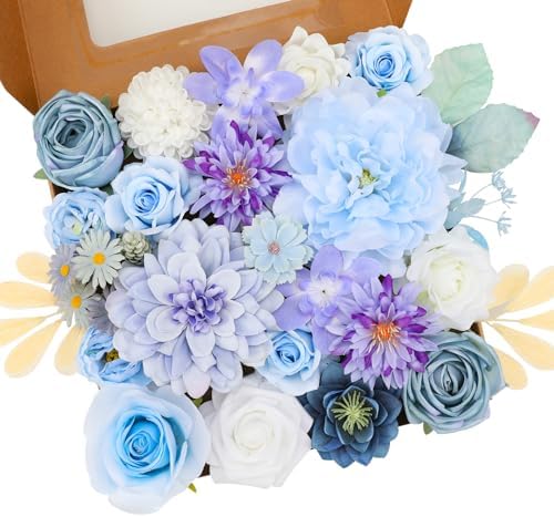 Floweroyal Artificial Flowers Combo Purple Flowers Mix Silk Flowers Dahlia Roses with Stems for DIY Wedding Bridal Bouquets, Baby Shower, Floral Arrangement, Table Centerpieces, Home Decorations.