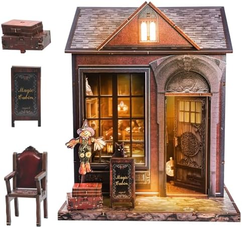 Magic Cabin Miniature Dollhouse with LED Lights, Vintage Furniture & Decor – Handcrafted Fantasy Shop Display for Home Decor, Collectibles & Gifts