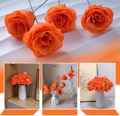 CCYXSHOW DIY Glitter Roses Bouquet - 36 Pack Fall Everlasting Flowers Fake Shiny Bouquet Artificial Orange Rose Bouquet Kit, Anniversary, Engagement, Wedding, Birthday Party Gifts