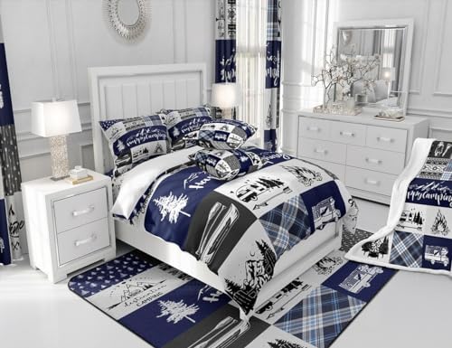 Happy Camping Full Size Comforter Set,RV Camper Adventure Tent Patchwork Bedding Comforters Bedroom Collection,Farm Lake Cabin Arrow Hunt Blue Check Bedding Set for Girls Teens