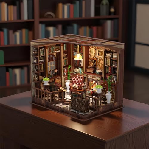 Parisian Library Book Nook DIY Kit - 3D Wooden Study Model with Touch-Sensor LED Light, Vintage Bookshelf Decor for Adults