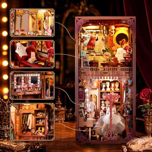 fifijoy DIY Book Nook Kit - Theatre Dressing Room DIY Miniature Dollhouse Booknook Kit for Adults, 3D Wooden Puzzle Bookend Bookshelf Insert Decor, Gift for Family, Friends (with White Light)