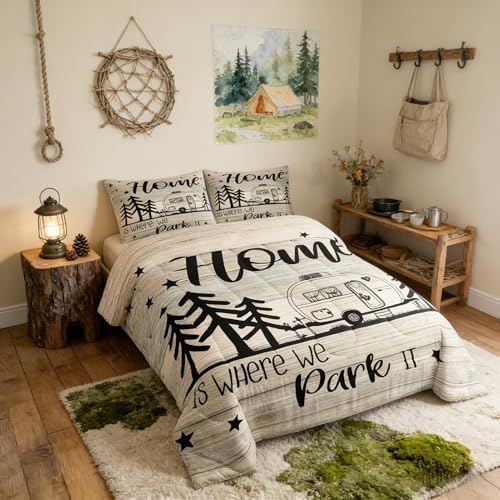 Castle Fairy Kids RV Happy Camping Bedding Comforters King Size,Home is Where We Park It Comforter Set Adult Women Room Decor, Farmhouse Lovers Soft Duvet with 2 Pillowcases,3Pcs King 104''x90''