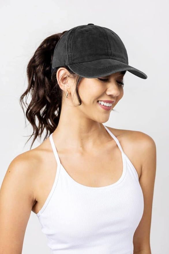 Eohak Ponytail Baseball Hat Distressed Retro Washed Womens Twill