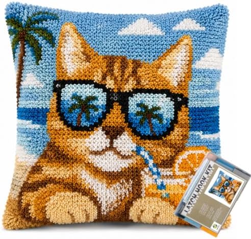 Sunglasses Cat Latch Hook Kits for Adults Beginners, Pre-Printed 17“ X 17"