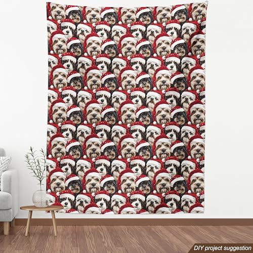 Lunarable Christmas Fabric by The Yard, Illustration Print Whimsical Happy Dogs and Puppies with Santa's Hat, Decorative Fabric for Upholstery and Home Accents, 1 Yard, Ruby Black and Brown