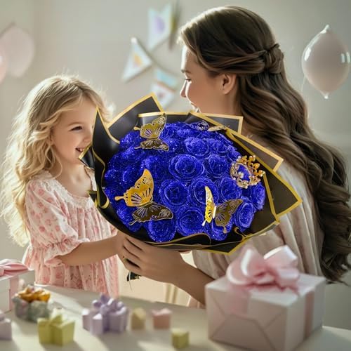Blue Glitter Rose Bouquets, Fake Roses Bouquet 16 Pcs DIY Glitter Rose Bouquet Kits Birthday Gifts for Women Mom Mother's Day Anniversary Graduation