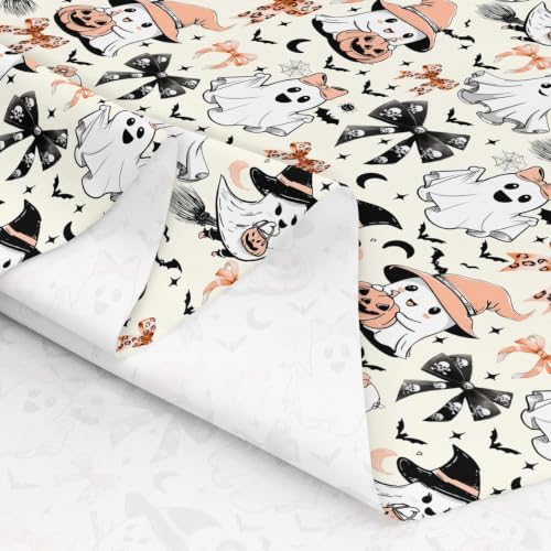 Halloween Ghost Decorations Bow Upholstery Fabric for Chairs | Halloween Bats Outdoor Fabric by The Yard 109"x63", Gothic Pumpkin Lantern Moon Spooky Spider Web Sugar Skull Landscape Fabric,Beige