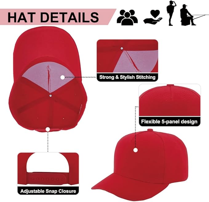 ZH 12 PC 5 Panel Baseball caps, Bulk Baseball caps, Customizable DIY Design, Wholesale Caps, One-Size-Fits-All