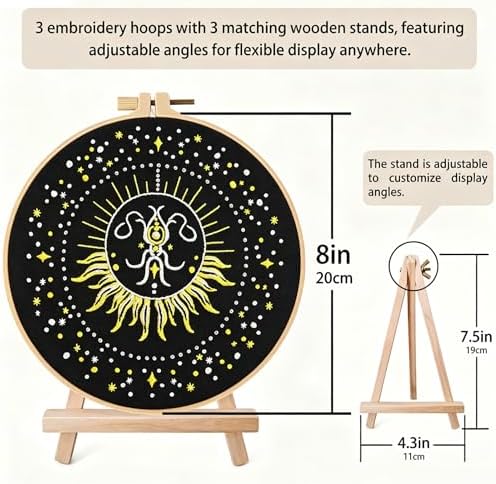 Qupace 3 Pcs Halloween Black Celestial Embroidery Kit, Star Moon Hand Embroidery Set with Bamboo Hoop, DIY Boho Cosmic Craft Supplies for Wall Decor Gift