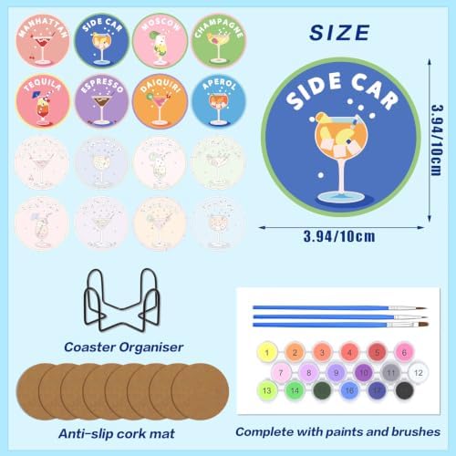 8 Pack Cocktail Paint by Numbers Kits Coasters with Holder Cork Pads