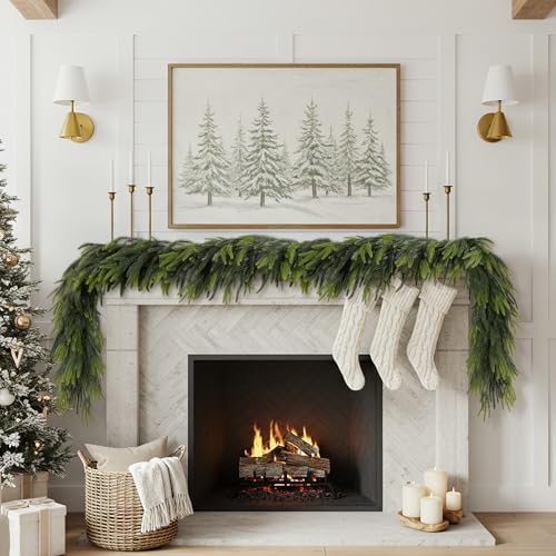 N&T NIETING 2 PCS Christmas Norfolk Pine Garland, Real Touch Pine Garlands Faux Greenery Garland Winter Christmas Garland for Table Mantle Fireplace Holiday Indoor Outdoor Xmas Decorations (6 FT)