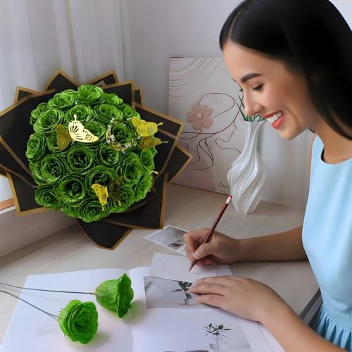 Green Glitter Flowers Bouquet, Fake Roses Bouquet 24 Pcs DIY Glitter Rose Bouquet Kits Birthday Gifts for Women Mom Mother's Day Anniversary Graduation