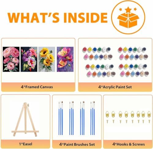 Axquilon 4 Packs Flowers Framed Paint by Numbers Kit with Easel 8x10in