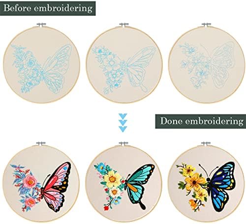Santune 3 Pack Embroidery Kit for Beginners Adults Cross Stitch Kits with Butterfly Patterns and Instructions,DIY Hand Crafts with 1 Hoop,Threads and 6 Needles