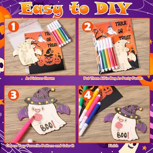 24 Sets Wooden Halloween Coloring Crafts Kits with Watercolor Pen