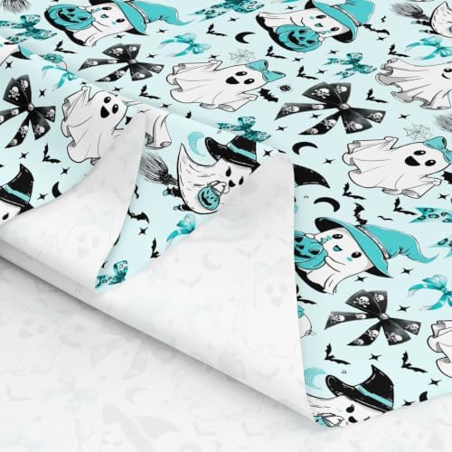Halloween Ghost Decorations Bow Upholstery Fabric Halloween Bats DIY Fabric by The Yard for Craft Lovers 109"x63", Gothic Pumpkin Lantern Moon Spooky Spider Web Sugar Skull Quilting Fabric,Teal