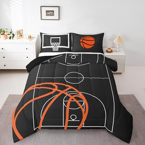 Castle Fairy Basketball Court Print Kids Comforter Set Toddler Size,Ball Sports Games Themed Bedding Comforters Bedroom Decor,Orange Basketball and Hoop Microfiber Quilt/Duvet Set for Kids Teens,3pcs