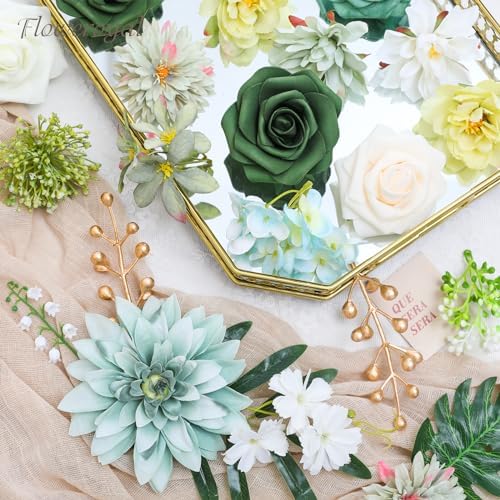 Floweroyal Artificial Flowers Combo Green Flowers Mix Silk Flowers Dahlia Roses with Stems for DIY Wedding Bridal Bouquets, Baby Shower, Floral Arrangement, Table Centerpieces, Home Decorations.