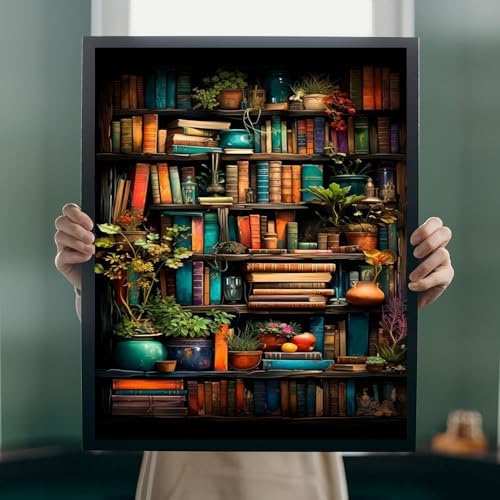 Bookshelf Paint by Numbers for Adults with Framed Canvas-with Wooden Easel,Paint by Numbers Kits Framed Canvas,DIY Acrylic Oil Painting Kits with Brushes Nice Gift Box for Home Wall Decor(12x16 Inch)