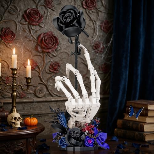 Halloween Skull Hand Rose Building Set, Gothic Skull Hand Display Model