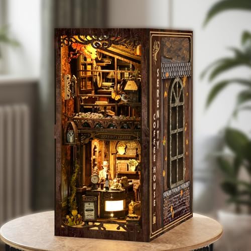 Book Nook Serenity Coffee House 3D Wooden DIY Miniature Kit with LED Lighting - Vintage Bookshelf Decor for Adults
