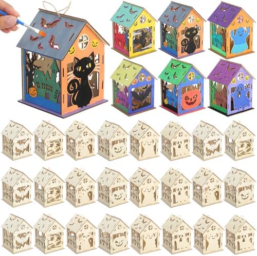 DoubleFill 24 Set Halloween Bird House Kits, Wooden House Crafts and Arts
