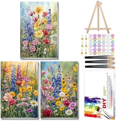 Mandun Wild Flowers Paint by Numbers Kit for Adults, 3 Pack, 7.8x11.8 inch