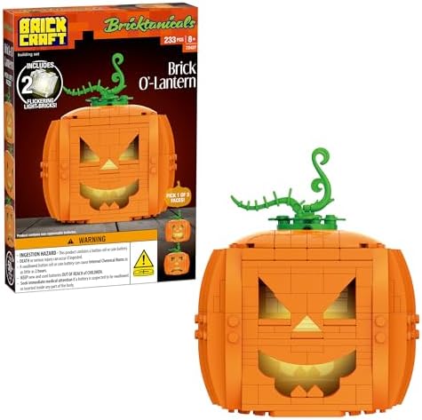 Brickcraft Brick O’-Lantern Building Kit, 233 Pieces | Halloween Pumpkin Decoration with 3 Interchangeable Faces & 2 Flickering Light Bricks | DIY Fall & Thanksgiving Jack-O’-Lantern Gift, Ages 8+