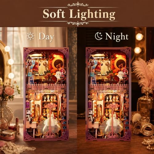 fifijoy Theatre Dressing Room DIY Book Nook Kit - DIY Miniature Dollhouse Book Nook Kit, Classic Theater 3D Wooden Puzzle Model Bookshelf Insert Decor, Gift for Craft Lovers (with Yellow Light)