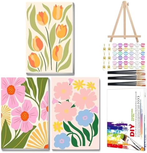Mandun 3 Pack Paint by Numbers Kit for Adults with Frame, Easy Flower Paint by Numbers, Adult Gift Craft Kits 7.8x11.8 Inch with Frame and Easel