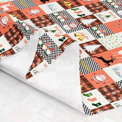Cartoon Snowman Upholstery Fabric Orange Buffalo Plaid Christmas Decorations Santa Claus Outdoor Fabric by The Yard 362"x63", Christmas Gnome Xmas Snowflake Elk Deer Waterproof Fabric