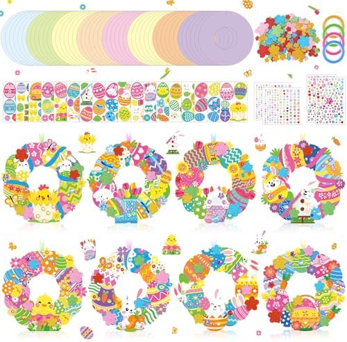 Hollowfly 48 Sets Easter Wreath Craft Kits, 8 Paper Designs with Stickers