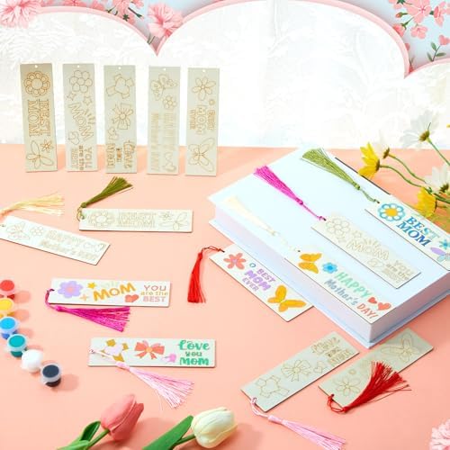 200 Pcs Mother's Day Wood Bookmarks to Color, Color Your Own with Tassels