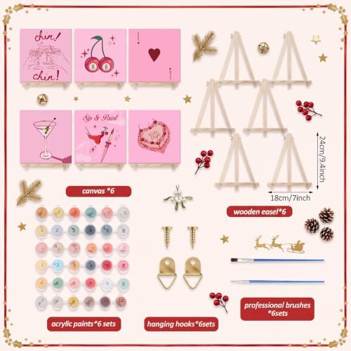 YooNotee 6 Pack Paint by Numbers Kit for Adults Sip and Paint Party 8x8 Inch Canvas with Acrylic Paints Brushes & Easels, Cocktail Wine Cake Floral Themed Painting Set for Girls Night