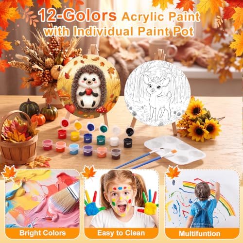 Supervitae 72 Piece Fall Round Pre Drawn Canvas Kit 5.9" Paint and Sip Kit for Adults Painting Party Pre Printed Canvas DIY with Pictures Paints Easels Brushes for Autumn Party Gifts