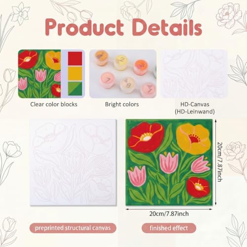 YooNotee 6 Pack Flowers Paint by Numbers Kit on Canvas with Wooden Easels & Brushes, 8x8 Inch Canvas Art Set for Adults DIY Flowers Acrylic Painting for Home Wall Decor