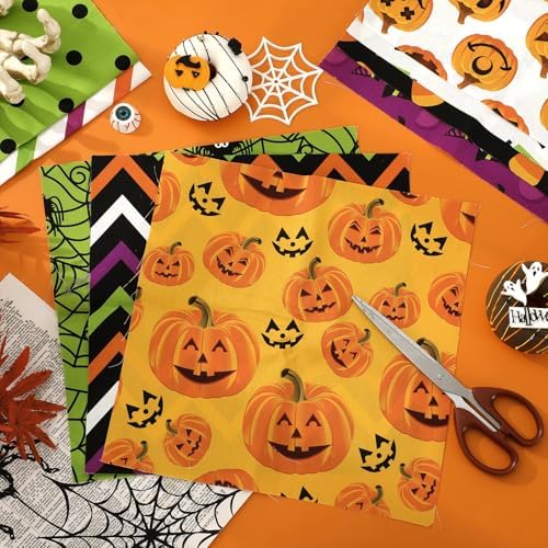 Whaline 12Pcs Halloween Cotton Fabric Bundles 10 x 10 Inch Spider Web Pumpkin Monster Fabric Squares Colorful Sewing Fabrics for DIY Craft Party Decor