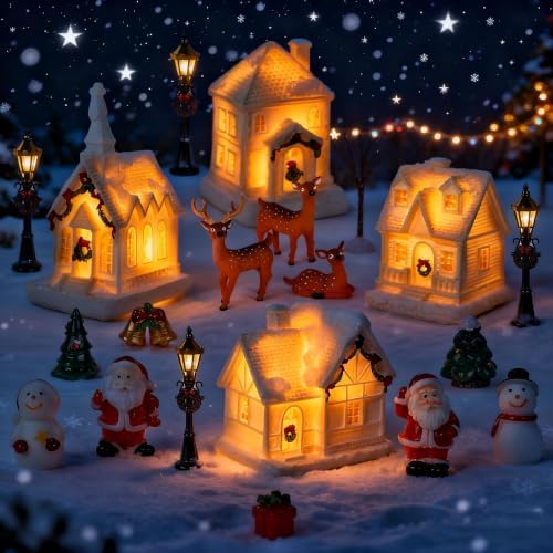 38 PCS Christmas Village Sets Christmas Figurine Village Houses Accessories White Winter Miniature Town Snow Scene Tabletop Decor with Santa Snowman Deer Street Light Pine Trees for Xmas Home Decor
