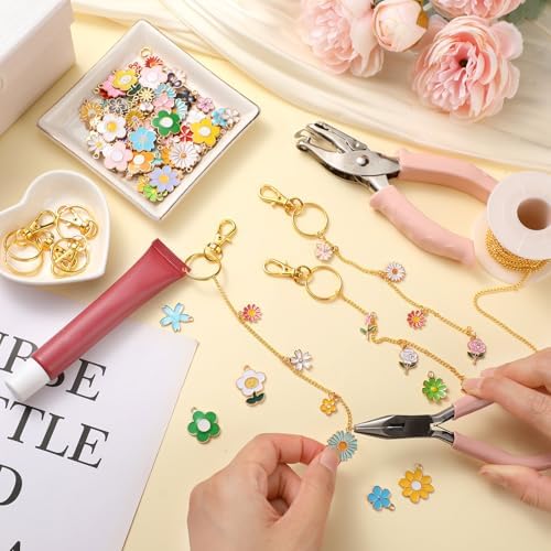 VioraWhite 213 Pcs Floral Keychain Making Kit Bag Charm Kit Lip Gloss Keychain 100 Pink Enamel Charms 32.81 ft Gold Chains for DIY Crafts Women